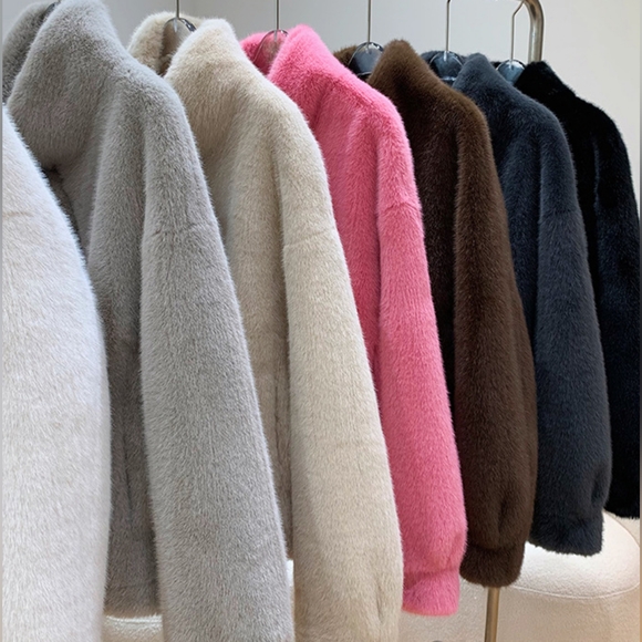 Women Faux Fur Coat, Mink Fur Integrated Short Stand Collar - Picture 7 of 13